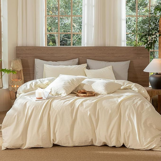 MooMee Wavy Striped Duvet Cover Set 100% Washed Cotton Linen Like Textured Breathable Durable Soft Comfy (Cream White, Super King Plus 120"x120")