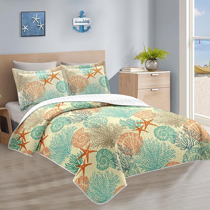 Tritard 3 Piece Coastal Quilt Sets Full/Queen Size - Reversible Microfiber Quilts with 2 Shams Soft Lightweight Beach Bedding Nautical Bedspread Coverlet Summer Comforter for All Season, 90''x96'', C4