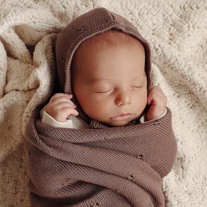 Baby Gift Set - Organic Cotton Newborn Blanket Essentials, Thoughtful Baby Shower & New Baby Gift for Boys & Girls (Pointelle - Milk Chocolate)