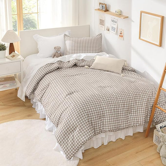 Andency Tan Gingham Comforter Set Twin(66x90Inch), Brown Checkered Grid Plaid Buffalo Bed Set for Girls Boys Kids Teens, 2 Pieces Lightweight Microfiber Geometric Preppy Bedding