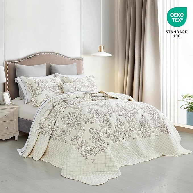 CHIXIN Bedspread Coverlet Quilt Set Full Size - Lightweight Bedding Cover - Beautiful Stitching - 5 Piece Reversible Bedspread - Luxury Damask Paisley Pattern (Full, Ivory)