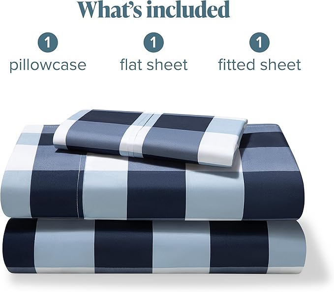 Bare Home Twin Sheet Set - 1800 Ultra-Soft Microfiber Double Brushed - Deep Pockets - Easy Fit - Extra Soft - 3 Piece Set - Bedding Sheets & Pillowcases (Twin, Gingham Blue)
