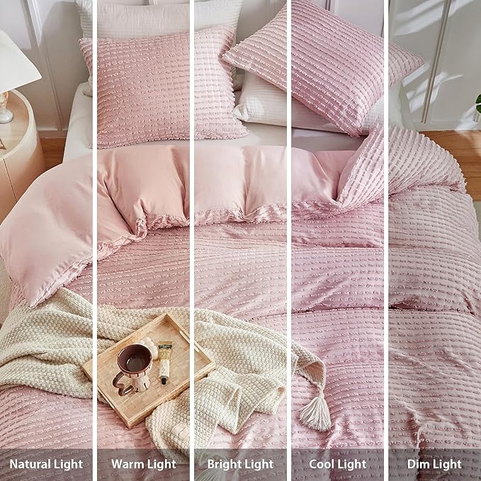 WARMDERN Boho Duvet Cover Set Queen Size, Pink Striped Duvet Cover Microfiber Bedding Set, 3PCS Ultra Soft Breathable Lightweight Tuft Texture Duvet Covers with Zipper Closure(Pink, King)