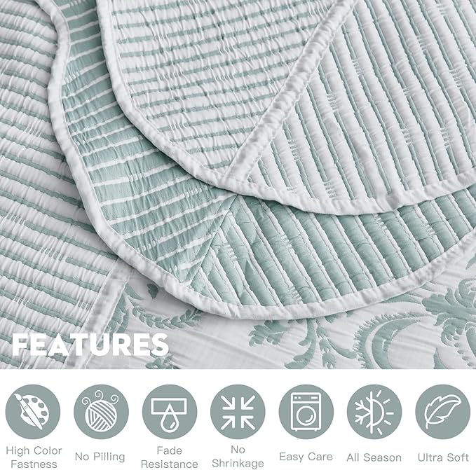 HZ & HY Oversized King Bedspread 138x122 Extra Wide, Jacquard Matelasse Damask Pattern Design, Lightweight, Reversible, 5 Piece, 100% Microfiber, California/Alaskan King, Green