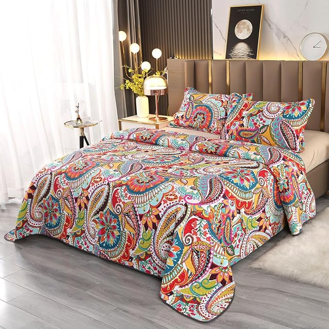 Qucover 100% Cotton Twin Quilt Set, 2 Piece Multicolor Paisley Boho Style Twin Bedspread with Pillow Shams, 68"x86"