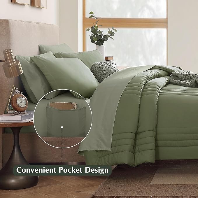 Monbix Queen Comforter Set - 7 Pieces Light Sage Green Bed in a Bag Queen Bedding Sets with Comforters, All Seasons Comforter Bed Set with Sheets, Pillowcases & Shams
