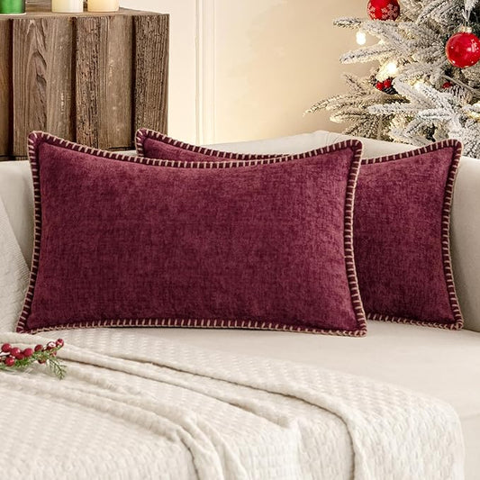 MIULEE Pack of 2 Christmas Pillow Covers 12x20 Inch Burgundy Red Farmhouse Decorative Throw Pillow Covers with Stitched Edge Soft Chenille Solid Dyed Couch Pillow Covers for Sofa Bed Living Room