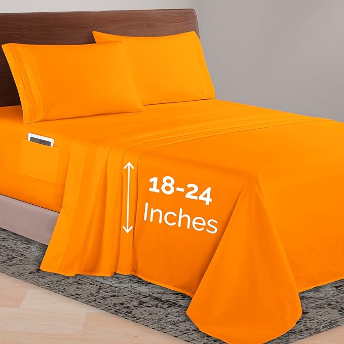 Elegant Comfort Luxurious 1500 Premium Hotel Quality Microfiber 4-Piece Sheet Set, 18-24 Inches Deep - Extra Deep Pocket Sheets - Ultra Soft 4PC Deep Pocket Sheets, Full, Orange