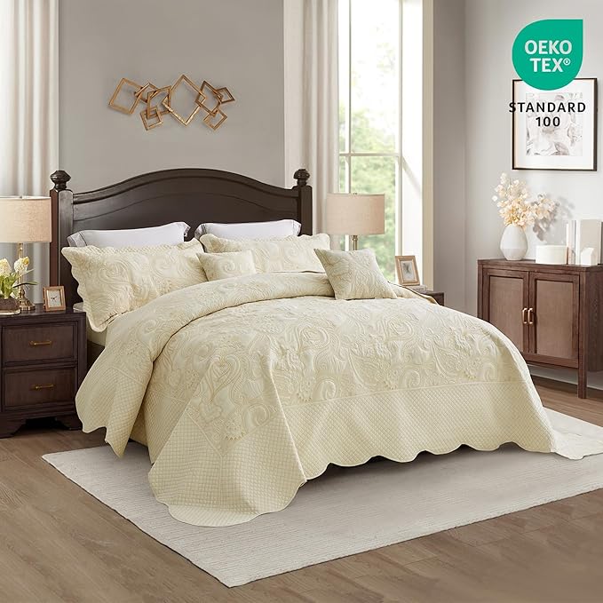 Oversized King Bedspread 128x120 Extra Wide, Paisley Pattern Design, Lightweight Bedding Cover, Reversible, 5 Piece, 100% Microfiber, Ivory Yellow