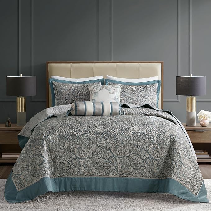 Madison Park Aubrey Reversible Quilted Bedspread Set, Solid Reverse Summer Breathable, Lightweight All Season Bedding Layer, Matching Shams, Bedspread Queen(102"x118") Teal 5 Piece