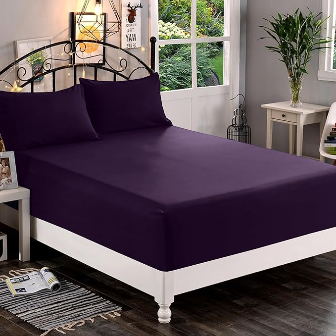 Elegant Comfort 1500 Premium Quality Fitted Sheet Ultra Soft 18-24 Inch Extra Deep Pocket - Single Fitted Sheet for High Mattress - Wrinkle Free with Smart Storage Pockets, Queen, Eggplant-Purple