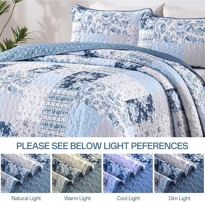Anibedding Blue Patchwork Quilt Set King Size Boho Floral Plaid Bedspread Coverlet Set, Farmhouse Soft Microfiber Bedding Set, Blue Summer Bed Cover with 2 Pillowcases for All Season