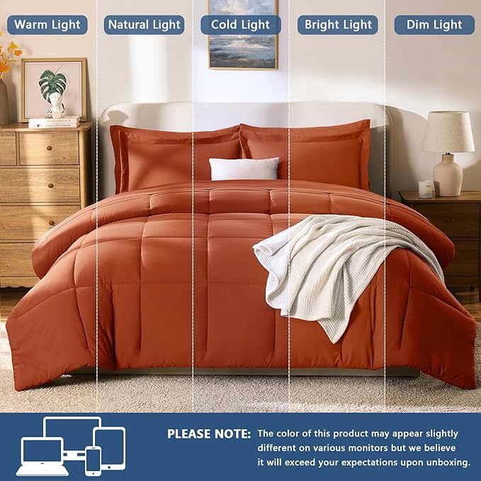 CozyLux Queen Comforter Set Terracotta - 7 Pieces Bed in a Bag Queen, All Season Breathable Bedding Sets, Oeko-Tex Certified Bed Set with Down Alternative Comforter, Sheets, Pillowcases & Pillow shams
