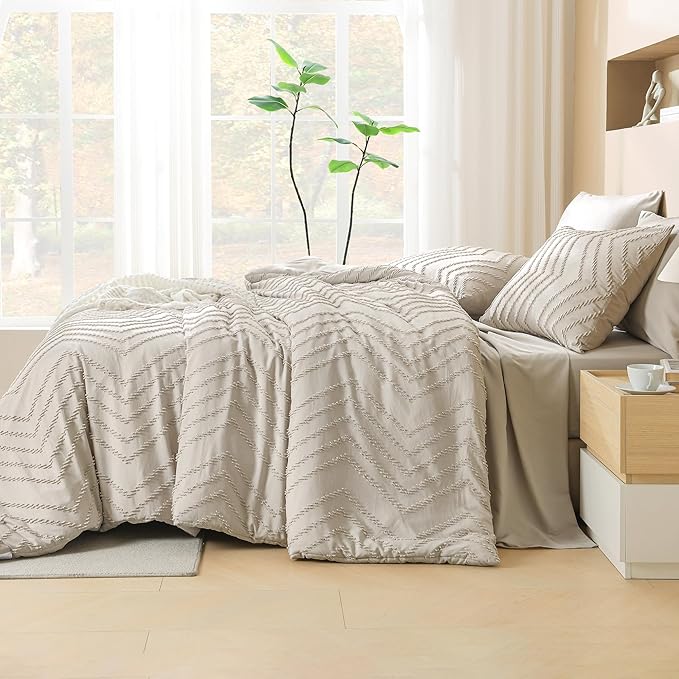 Litanika Oversized Alaskan King Comforter Set with Sheets 128x120, 7 Pieces Super King Plus Bed in a Bag Boho Tufted Bedding Comforter Sets Oatmeal