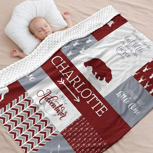 Personalized Baby Blanket, Woodland Baby Blankets for Girls, Super Soft Nursery Blankets with Cotton Front and Dotted Fleece Backing, Printed Bed Throws Newborn, Red Dahlia