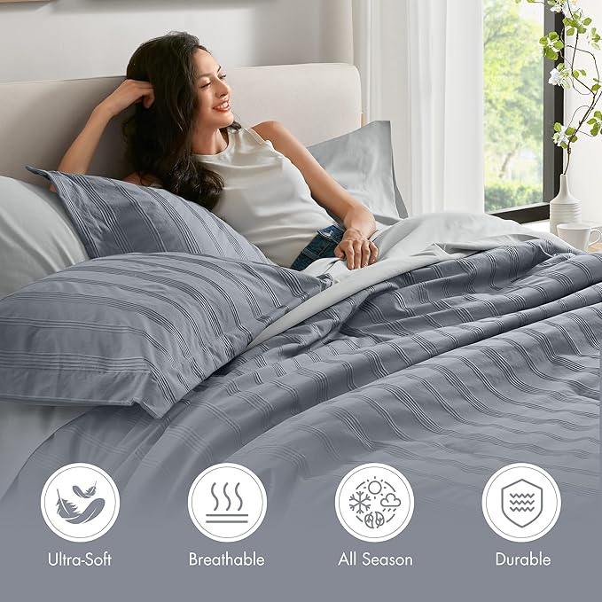 Madison Park Essentials Striped Comforter Set King, 7 Pieces Modern Minimalist Jacquard Bedding Set for All Season, Bed in A Bag with Sheet Set and Soft Brushed Reverse, Lightweight Blue/Grey
