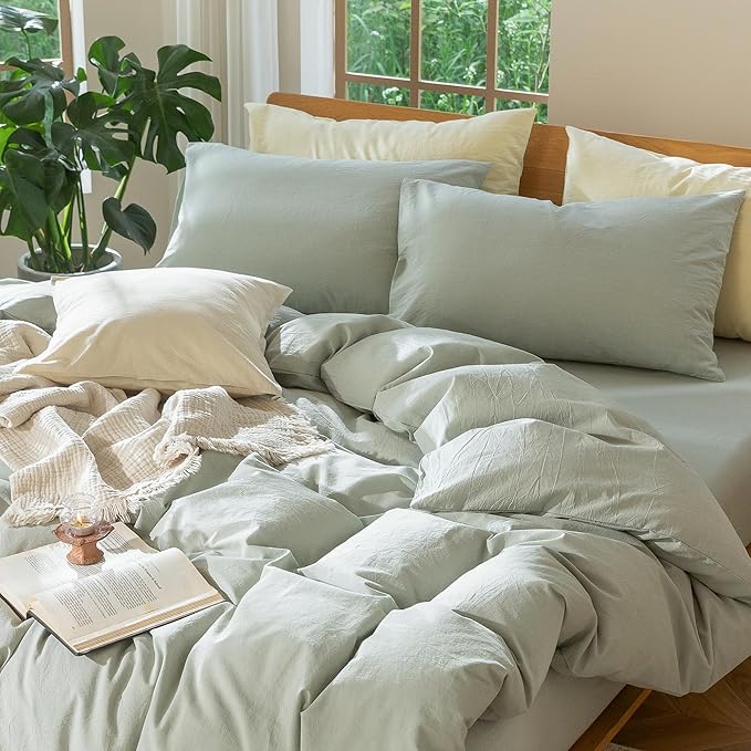 MooMee Bedding Duvet Cover Set 100% Washed Cotton Linen Like Textured Breathable Durable Soft Comfy (Heathered Sage Green, Oversized King Plus 128"x120")