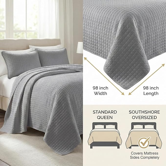 Southshore Fine Living, Inc. Summer Bedspreads Queen Size Quilts with Shams, Lightweight Full Bedding Set, Pet Hair Resistant Quilt Coverlet Queen Size/Full Bedspread with 2 Pillow Shams, Steel Grey