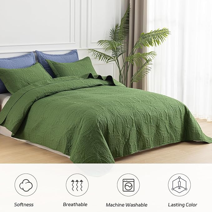 SheRest Queen Quilt Bedding Set - Soft Breathable Bed Quilts, Modern Style Embossed Bedspreads, Lightweight Microfiber Reversible Coverlet for All Seasons, Green, 3 Pieces (1 Quilt,2 Pillow Shams)