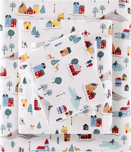 Sleep Philosophy True North 100% Cotton Flannel Sheets Queen Size, Cozy Flannel Sheet Set Brushed for Extra Softness, Heavyweight Novelty Print Warm Flannel Bedding Set, White Village Print 4 Piece