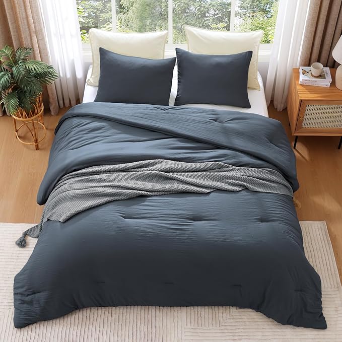WRENSONGE Queen Comforter Set - 3 Pieces Prewashed Blue Grey Comforter Soft Lightweight for All Seasons,Down Alternative Comforters Queen Size with 2 Pillow Shams