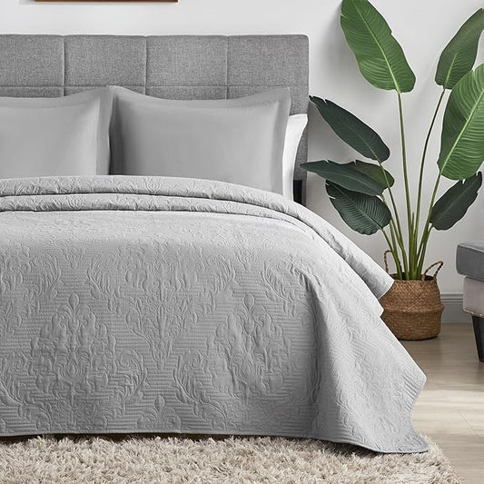 Hansleep Grey Quilt Queen Size - Damask Ultrasonic All Season Bedspread Queen, Soft Lightweight Coverlet Bedding Set, 3 Pieces (1 Quilt, 2 Pillow Shams)
