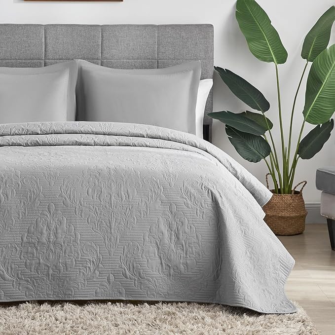 Hansleep Grey Quilt California King Size - Damask Ultrasonic All Season Bedspread California King, Soft Lightweight Coverlet Bedding Set, 3 Pieces (1 Quilt, 2 Pillow Shams)