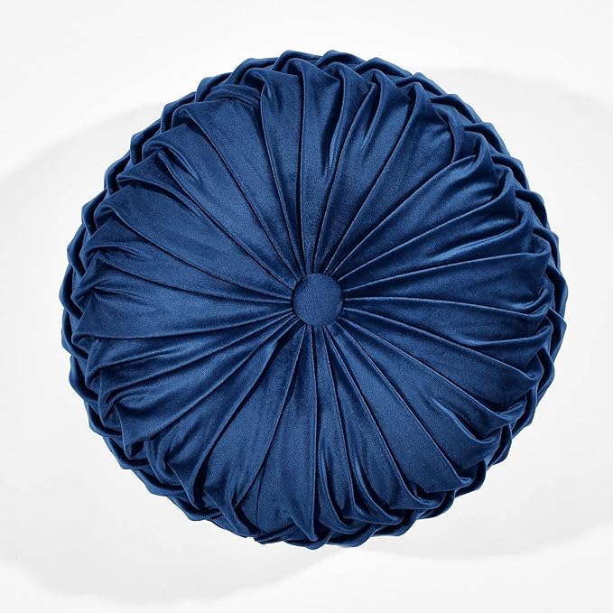 Lush Decor Round Pleated Soft Velvet Decorative Throw Pillow, 1 Count, 15" Diameter, Navy - Blue Plush Round Pillow, Seat Cushion, Decorative Pillows For Bed, Couch, Or Chair