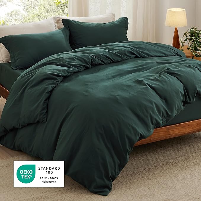 Bedsure Duvet Cover Full Size with Fitted Sheet - 4 Pieces Prewashed Cotton-Like Polyester Extra Soft Bedding Set, Includes 1 Duvet Cover 80x90 Inches, 2 Pillow Shams, 1 Fitted Sheet, Forest Green