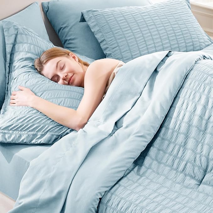 CozyLux Full Size Comforter Sets with Sheets Seersucker 7 Pieces Light Blue Bed in a Bag Textured Luxury Soft Bedding Set with Down Alternative Comforter, Sheets, Pillowcases & Shams for All Seasons