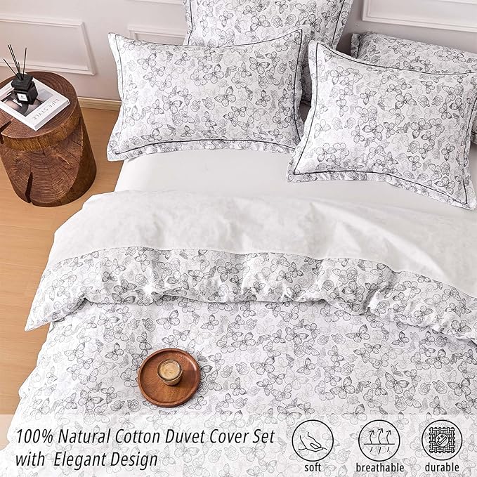 Vintage 100% Natural Cotton Duvet Cover Sets 3Pcs - Elegant Charcoal Gray Sketch Butterflies on White, Artistic Bedding Set with Button Closure(Queen,90"×90"