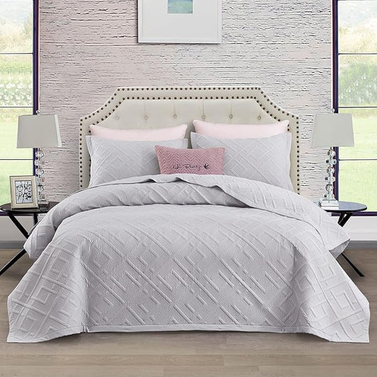 CHIXIN Quilt Queen Size - Geometric Pattern Bedspread Coverlet Set - Modern & Contemporary Style Bedding Cover, Ultrasonic Quilting, Reversible, Lightweight, 4 Piece, Light Grey