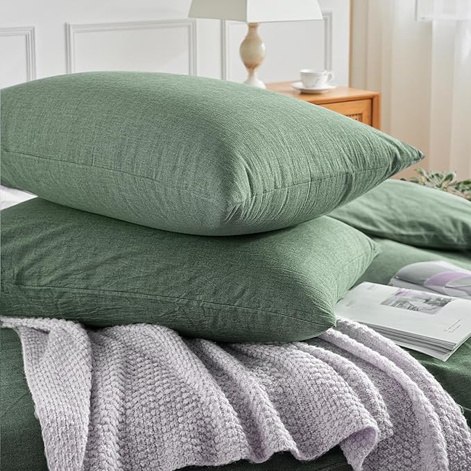 NEXHOME PRO Duvet Cover Twin 100% Washed Cotton, Organic Natural Linen Like Textured, Breathable, Durable, Home Bedding Set, Heathered Green 6890