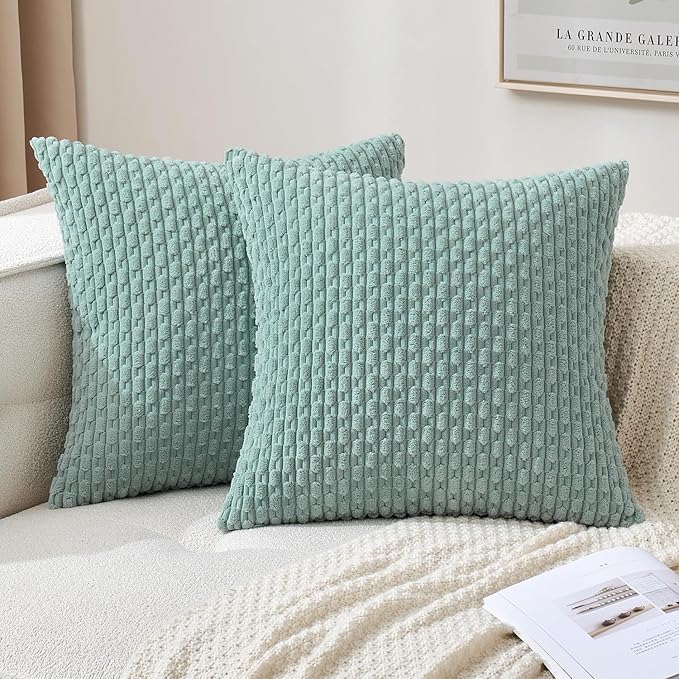 MIULEE Pack of 2 Decorative Throw Pillow Covers 18x18 Inch Soft Boho Striped Textured Corduroy Pillow Covers Modern Farmhouse Home Decor for Couch Bed Sofa Living Room Turquoise