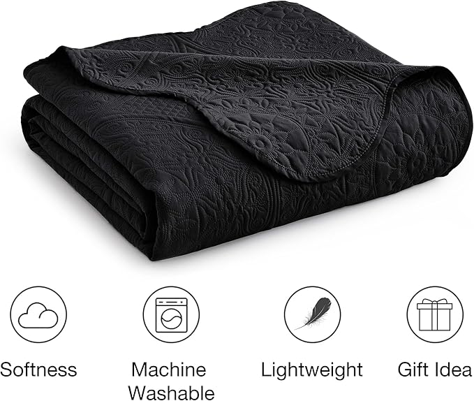 IR Imperial Rooms King Quilt Bedding Set Size (106" x 96") + 2 Pillow Shams (20" x 36"+ 2") - 3 Pcs All Season Lightweight Reversible Microfiber Coverlet Floral Embossed Quilt Bedspread (Black)