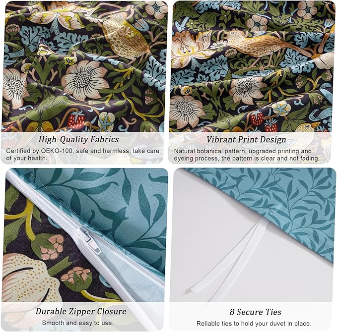 PHF Ultra Soft Floral Duvet Cover Queen Size, Revisible Boho Printed Vintage Bedding Set 3 Pieces, Comfy Durable Morris Garden Duvet Cover Set with 2 Pillow Shams, Zipper Closure and 8 Ties, 90"x90"