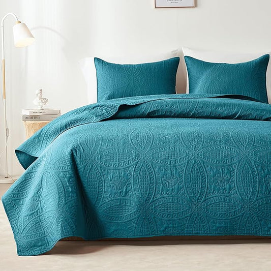 akkialla Teal Full/Queen Quilt Set, Ultrasonic Lightweight Bedspread Coverlet for Modern Minimalist Bedroom, Soft Microfiber Coin Pattern Bedding, 3-Piece (1 Quilt, 2 Pillow Shams) | Breathable fabric