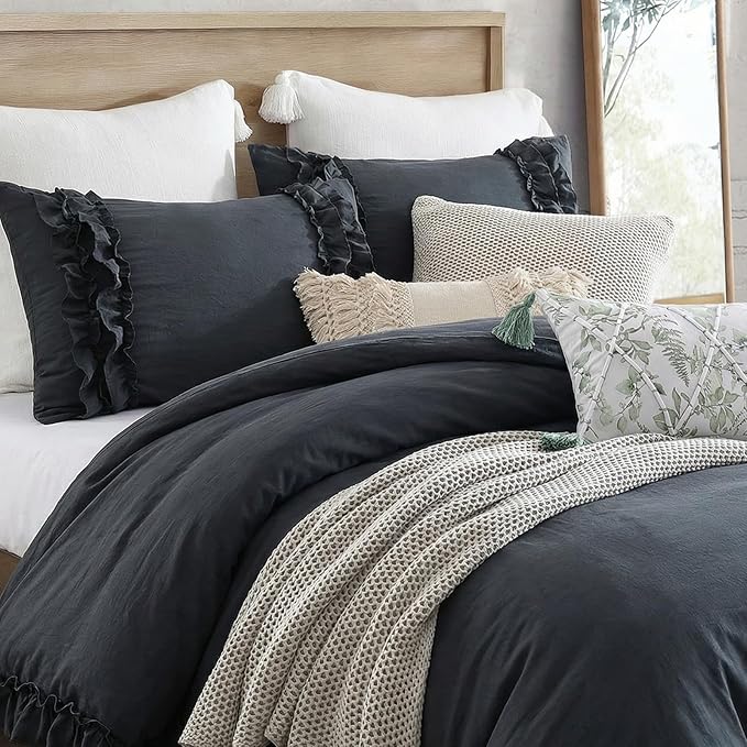 Bedorm Navy Ruffle Duvet Cover Vintage Queen Bedding Set Navy Blue Lace Fringe Ruffled Bedroom Decor Shabby Chic Boho Comforter Cover with Pillowcases