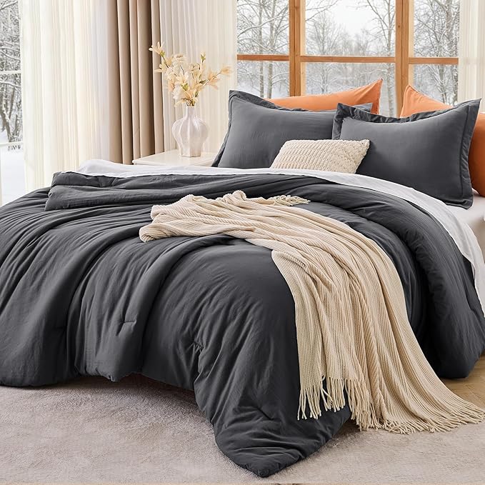 MUXHOMO Full Comforter Sets, All Season Ultra Soft Down Alternative Bedding - 3 Piece Lightweight Bed Set Includes 1 Comforter (82"x86") and 2 Pillow Shams (20"x26"), Dark Grey