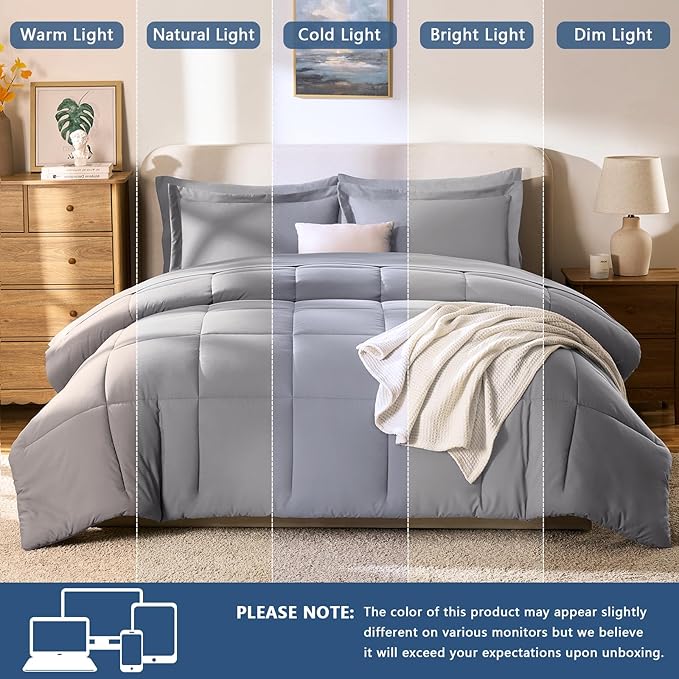 CozyLux Full Size Comforter Sets Grey - 7 Pieces Bed in a Bag Full, Oeko-Tex Certified Bed Set, All Season Soft Bedding Set with Down Alternative Comforter, Sheets, Pillowcases & Pillow Shams