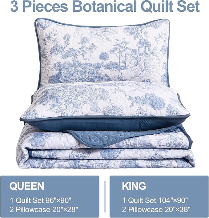WONGS BEDDING Blue Quilt Set King Size, 3 Pieces Botanical Bedspreads Set Lightweight Microfiber Blue Toile Plants Pattern Coverlet Home Decor for All Seasons(104"×90")