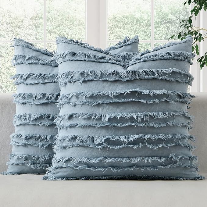MIULEE Decorative Boho Throw Pillow Covers Set of 2 Blue Grey Linen Striped Jacquard Pattern Farmhouse Coastal Cushion Covers for Sofa Couch Living Room Bedroom 18x18 Inch Home Decor