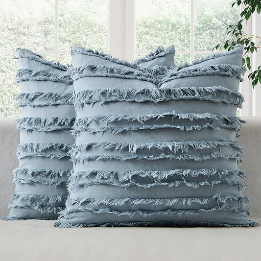 MIULEE Decorative Boho Throw Pillow Covers Set of 2 Blue Grey Linen Striped Jacquard Pattern Farmhouse Coastal Cushion Covers for Sofa Couch Living Room Bedroom 18x18 Inch Home Decor