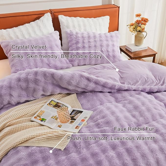EMME Faux Fur Duvet Cover Queen Size, 3 Pieces Ultra Soft Fluffy Comforter Cover, Cozy Warm for Winter, Luxury Elegant Shaggy Bubble Design Bedding, 1 Duvet Cover & 2 Pillow Shams (Queen, Purple)