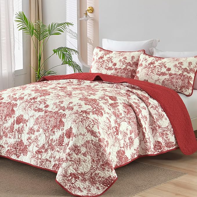 WONGS BEDDING Botanical Quilt Set Queen Size, Red 3 Pieces Floral Plants Printed Bedspread Bedding Set Christmas Soft Lightweight Microfiber Coverlet Set for All Season (96"x90")