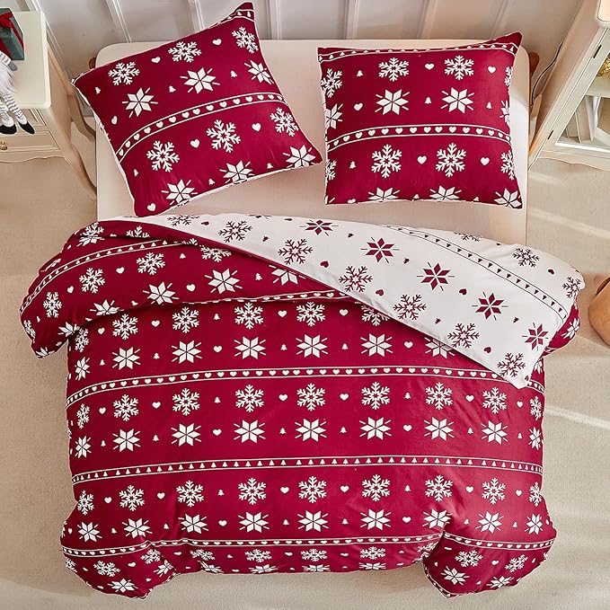 Lekesky Christmas Duvet Cover King Size,3 Pieces Reversible Duvet Cover Set with Snowflake Holiday Bedding Set with Zipper and 8 Corner Ties, 1 Duvet Cover 104x90 inches + 2 Pillowcases
