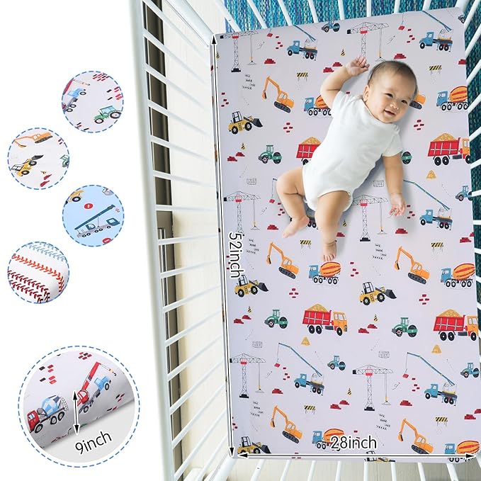 VitalCozy 4 Pcs Construction Truck Crib Sheet Set Baby Sheet Newborn Bedding Nursery Crib Sheets for Girl Boys Baby Gifts for Standard Crib and Toddler Mattresses, 52 x 28 x 8 Inches