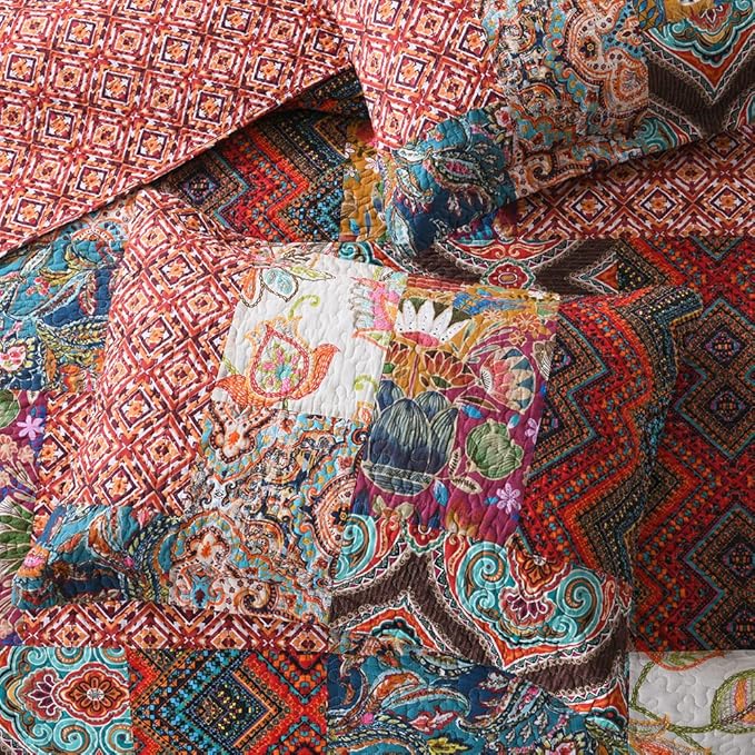 Autumn Dream Cotton Patchwork Bedspread Quilt Sets, Reversible Bedding Coverlet Sets, Red Gorgeous Vintage Pattern, King Size