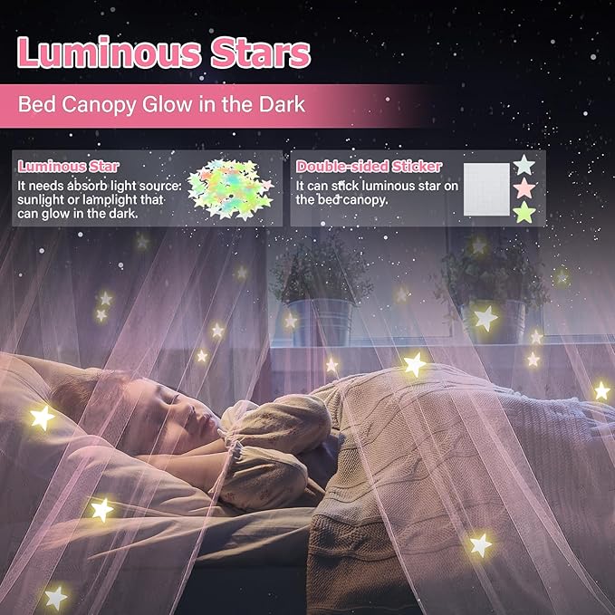 Bed Canopy with Lights, Bed Canopy for Girls Princess with Luminous Stars, Canopy Bed Curtains for Twin to King Size Bed, Baby Kids Adult Indoor Decor Bedroom Reading Nook Outdoor Camping, Pink