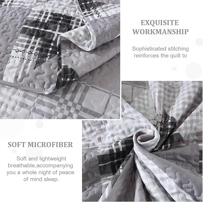 Annibedding Patchwork Quilt Set King Size, Grey Geometric Bedspread Plaid Patchwork Bedding Set for All Season, Soft Lightweight Bedspread with Wave Quilting (King, 110''x90'')